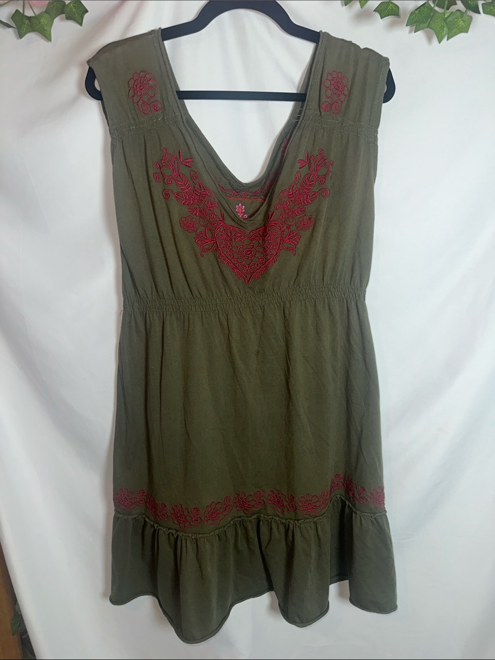 Olive Green Embroidered Midi Dress with Red Accents